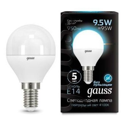 Лампа Gauss Шар 9.5W 950lm 4100K E14 LED 105101210