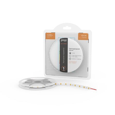 Лента Gauss Basic LED 2835/60 12V 4,8W/m 312lm/m 3000K 8mm IP20 3m, BT002