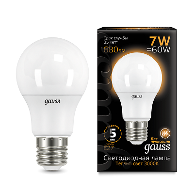 Лампа Gauss A60 7W 680lm 3000K E27 LED 102502107