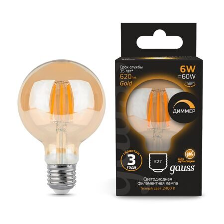 Лампа Gauss Filament G95 6W 620lm 2400К Е27 golden диммируемая LED 105802006-D