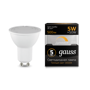 Лампа Gauss MR16 5W 500lm 3000K GU10 диммируемая LED 101506105-D