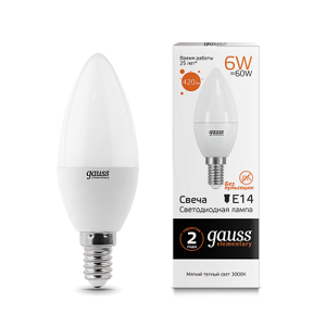 Лампа Gauss Elementary Свеча 6W 420lm 3000K Е14 LED 33116