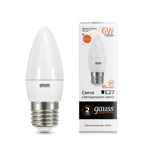 Лампа Gauss Elementary Свеча 6W 420lm 3000K Е27 LED 33216