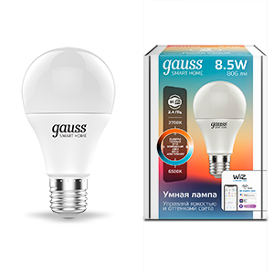 Лампа Gauss Smart Home A60 8,5W 806lm 2700-6500К E27 изм.цвет.темп.+диммирование LED 1130112
