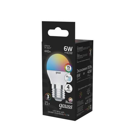 Лампа Gauss Шар G45 6W E27 RGBW+димирование LED 105102406