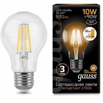 Лампа Gauss Filament А60 10W 930lm 2700К Е27 шаг. диммирование LED 102802110-S