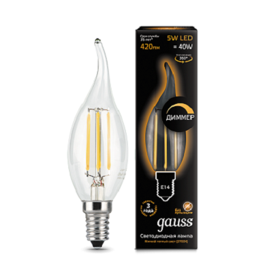 Лампа Gauss Filament Свеча на ветру 5W 420lm 2700К Е14 диммируемая LED 104801105-D