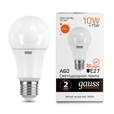 Лампа Gauss Elementary A60 10W 880lm 3000K Е27 LED 23210