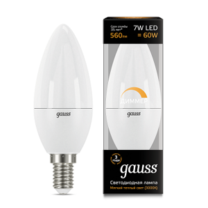 Лампа Gauss Свеча 7W 560lm 3000К Е14 диммируемая LED 103101107-D