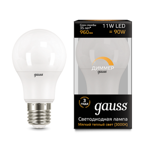 Лампа Gauss A60 11W 960lm 3000К E27 диммируемая LED 102502111-D