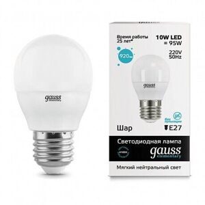 Лампа Gauss Elementary Шар 10W 750lm 6500K Е27 LED 53230