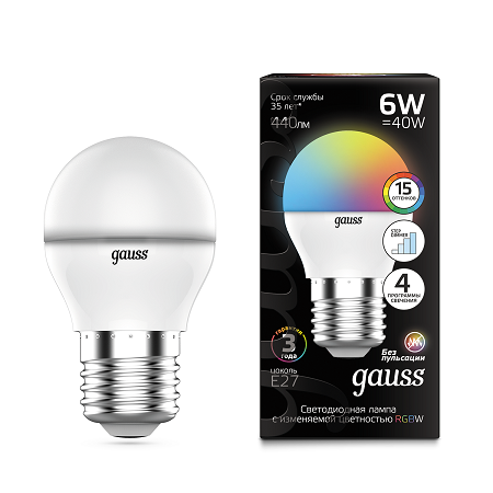 Лампа Gauss Шар G45 6W E27 RGBW+димирование LED 105102406