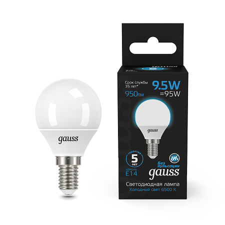 Лампа Gauss Шар 9.5W 950lm 6500K E14 LED 105101310