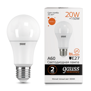 Лампа Gauss Elementary A60 20W 1520lm 3000K E27 LED 23219