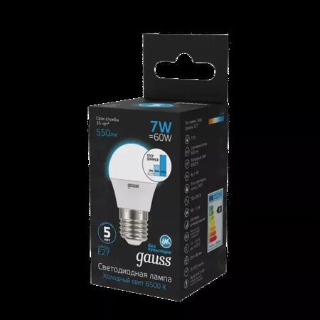 Лампа Gauss Шар 7W 550lm 6500K Е27 шаг. диммирование LED 105102307-S