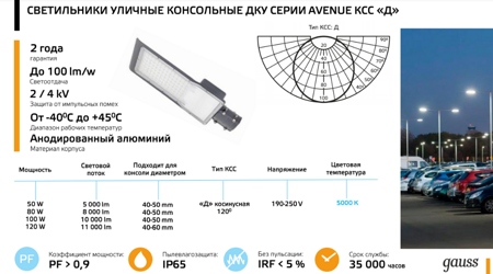 Светильник уличный Gauss Avenue 100W 10000lm 5000K 190-250V IP65 420*160*57мм черн КСС "Д" LED 629536300