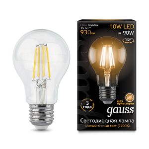 Лампа Gauss Filament А60 10W 930lm 2700К Е27 LED 102802110