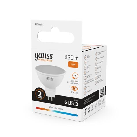 Лампа Gauss Elementary MR16 11W 850lm 3000K GU5.3 LED 13511