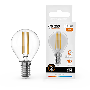 Лампа Gauss Filament Elementary Шар 10W 650lm 2700К Е14 LED 1/10/100