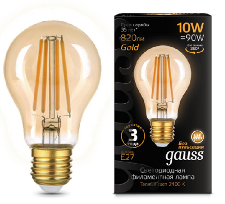 Лампа Gauss Filament А60 10W 820lm 2400К Е27 golden LED 102802010