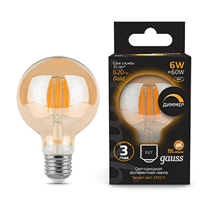 Лампа Gauss Filament G95 6W 620lm 2400К Е27 golden диммируемая LED 105802006-D