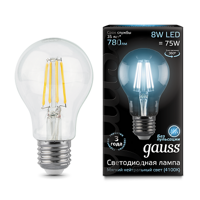 Лампа Gauss Filament А60 8W 780lm 4100К Е27 LED 102802208