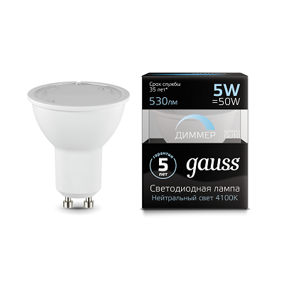 Лампа Gauss MR16 5W 530lm 4100K GU10 диммируемая LED 101506205-D