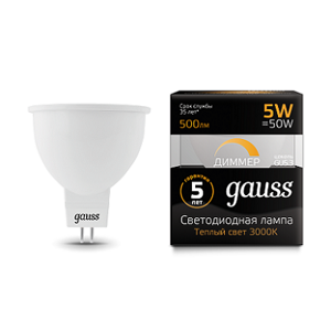 Лампа Gauss MR16 5W 500lm 3000K GU5.3 диммируемая LED 101505105-D